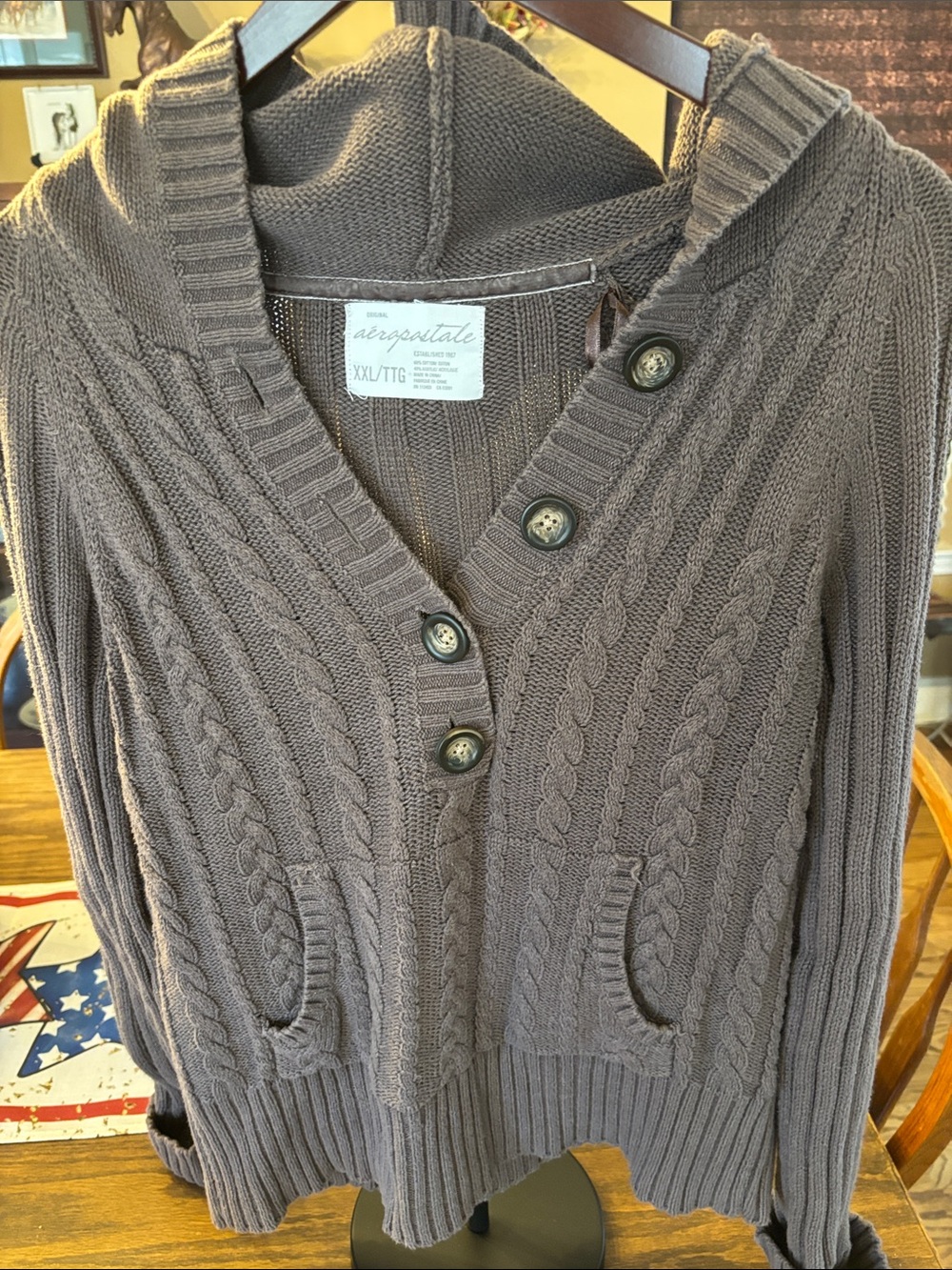 Aeropostale Cable Knit Hooded Cardigan - Taupe Brown
